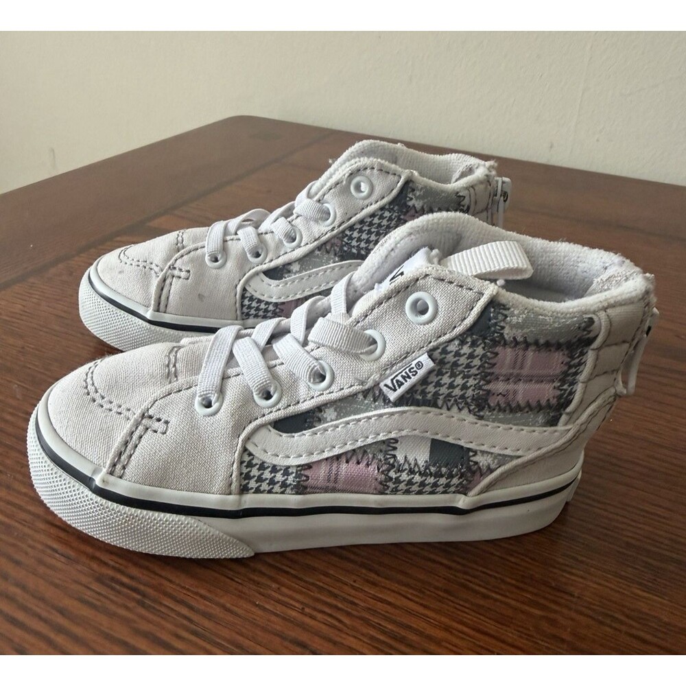 Vans Sk8-Hi Plaid Houndstooth Unisex Shoes Zip Up Grey/Pink Size 7T #721356